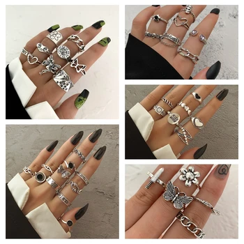 ALIUTOM Женские Винтажные Черные Волшебные кольца с цепочкой-бабочкой, геометрическими полыми цветочными кольцами для пальцев, модные украшения в готическом стиле