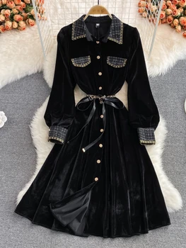 FTLZZ, осенне-зимнее Женское однобортное платье длиной до колена с отворотом, Офисное Женское облегающее платье трапециевидной формы в стиле ампир, Бархатное Черное платье