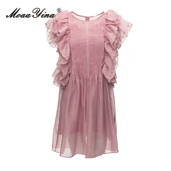 MoaaYina Летнее модное дизайнерское винтажное розовое платье для вечеринок, женское короткое мини-платье без рукавов с круглым вырезом и оборками, плиссированное Мини-платье