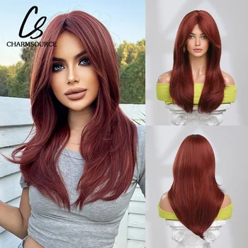 Винно-красные синтетические парики CharmSource Длинный волнистый многослойный парик с челкой для женщин повседневного использования для косплея из термостойкого волокна