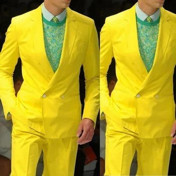 Желтый двубортный блейзер с брюками, мужские костюмы, приталенный мужской смокинг для свадебной вечеринки, мужские костюмы жениха на заказ (куртка + брюки)