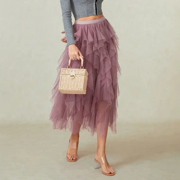 Женская летняя мини-юбка Миди с принтом в горошек, Эластичная, с высокой талией, Нерегулярная, Трапециевидная, из тюлевой сетки, Длинная юбка