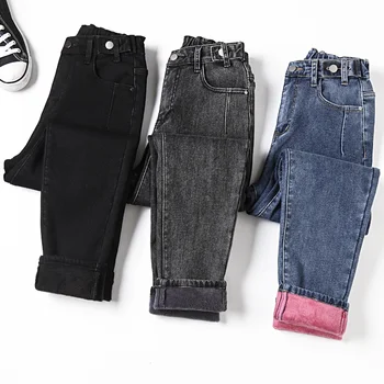 Зимние женские джинсы 3XL 4XL 5xl Новые Толстые Розовые флисовые Модные Свободные брюки стрейч для мамы Повседневные женские бархатные джинсовые ткани