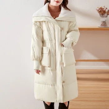 Зимний пуховик для женщин в британском стиле ретро с большим отворотом, свободное повседневное теплое длинное пальто, утолщенное, Тонкая талия, модные женские парки