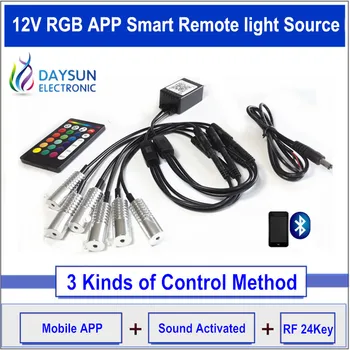 Интеллектуальный источник света 12V RGB для бокового свечения оптоволоконного кабеля, мобильное приложение для управления RF-пультом, источник света мощностью 2 Вт для освещения атмосферы автомобиля