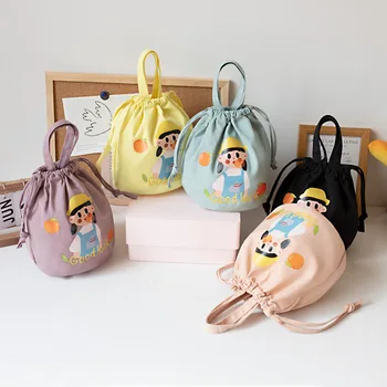 Корейские модные Дизайнерские холщовые сумки Cute Girls Print Drawstring Tote, Студенческие сумки для хранения мелочей, чехол для ключей от телефона