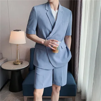 (Куртка + брюки) Летние тонкие однотонные комплекты деловых костюмов с коротким рукавом в британском стиле, мужские брендовые повседневные комплекты для вечеринок, банкетов