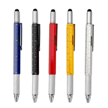 Металлическая многофункциональная ручка 6 в 1, измерительная линейка, отвертка, стилус, сенсорный экран, спиртовой уровень, ручка для инструментов из сплава.