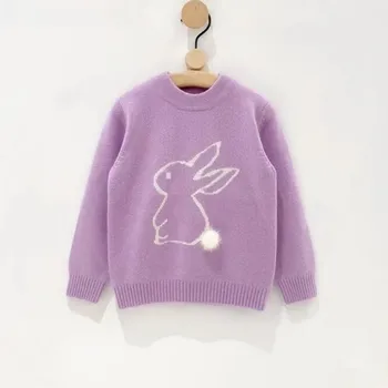 Модный свитер с пушистым шариком и кроликом для маленьких девочек, вязаный пуловер для малышей, повседневная весенне-осенняя одежда для малышей от 1 до 7 лет
