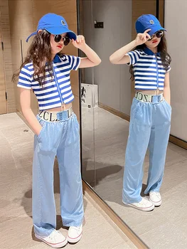 Новые летние детские Корейские брюки с прямыми штанинами в полоску с короткими рукавами для девочек, свободные широкие брюки для детей среднего возраста