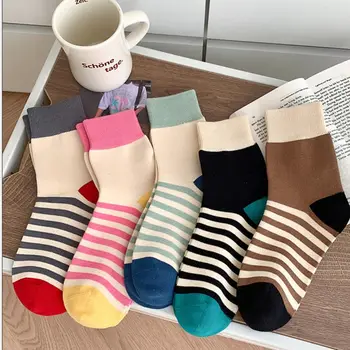 Носки в полоску для вязания, креативные Хлопчатобумажные Носки в японском стиле пэчворк, теплые носки в стиле харадзюку со средней трубкой, уличная одежда