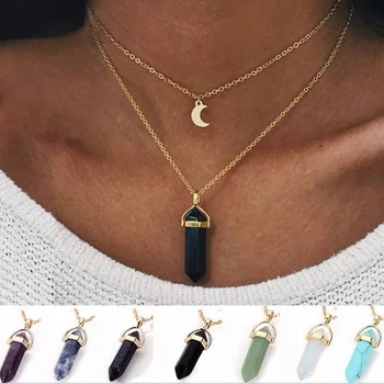 Ожерелье с подвеской в виде шестиугольной колонны в виде Луны, новое многослойное ожерелье для девочек, модная простота, 7 цветов, сладкое и свежее для женщин