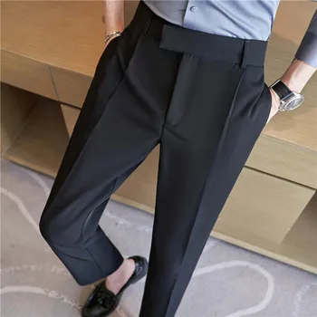 Осенние прямые брюки с эластичной резинкой на талии для мужчин, повседневные брюки для делового костюма, украшение ремнем длиной до щиколотки, офисные социальные брюки