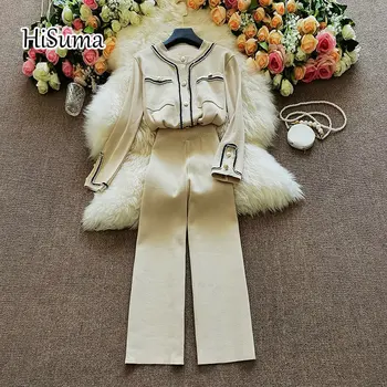 Осень-зима 2023, Новый женский кардиган с круглым вырезом и карманами, длинный рукав + широкие трикотажные брюки с высокой талией, комплект из двух предметов, женский костюм