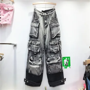 Осенью 2023 года Новые прямые джинсовые брюки, свободные светло-серые джинсы-карго с множеством карманов, женские джинсы-карго в стиле гранж-панк, грязные повседневные капри