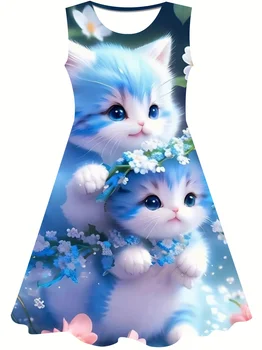Очаровательное цельнокроеное платье с котенком в цветочек: идеальный летний наряд для вашей маленькой принцессы!