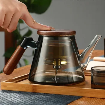 Простая фильтрация для разделения чая одним щелчком Стеклянные чайники с деревянной ручкой 850 мл Чайник для разделения воды для чая с фильтром для заварки