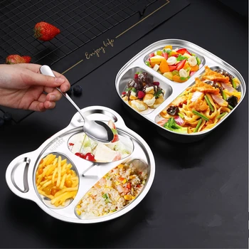 Разделенная тарелка для еды из нержавеющей стали 304 с 3/4/5 решетками в мультяшных формах, сервировочный поднос для столовой посуды школьного отделения
