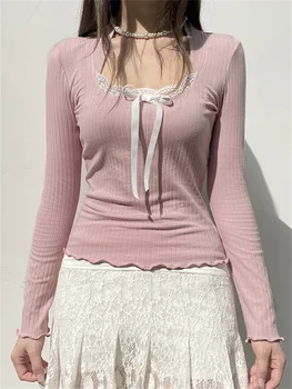 Розовые укороченные топы Женская весенняя футболка с длинным рукавом Женская Корейская кружевная тонкая футболка Женские футболки с милым бантом на шнуровке Y2K Топы Ropa