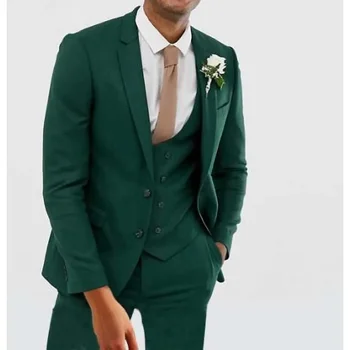 Свадебные костюмы для мужчин, темно-зеленый модный однобортный мужской костюм с вырезами на лацканах, повседневный деловой смокинг для жениха, комплект из 3 предметов