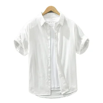 Свежая однотонная повседневная рубашка с короткими рукавами для мужчин, летняя новая японская винтажная базовая многоцветная рубашка из чистого хлопка