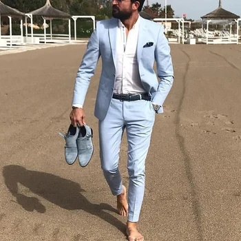 Светло-голубые льняные летние мужские костюмы Slim Fit, смокинг жениха из 2 предметов для свадьбы, мужской модный пиджак с брюками, новое поступление