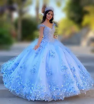 Светло-небесно-голубые пышные платья с открытыми плечами 3D Rose Flowers Puffy Sweet 16 Wear Вечерние платья знаменитостей на выпускной