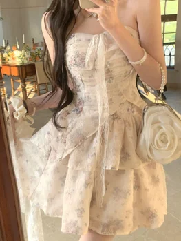 Элегантное платье Французской феи без бретелек, женское облегающее винтажное мини-платье с цветочным рисунком, Y2k Party, милое цельнокроеное платье Корейской моды