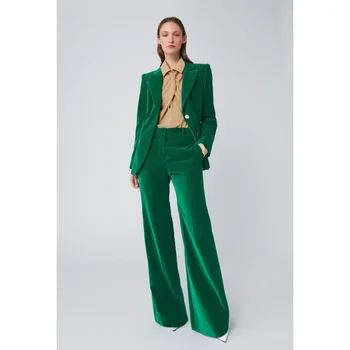 Элегантные бархатные костюмы с лацканами на одной пуговице для женщин зеленого цвета, модные официальные повседневные наряды, комплекты брюк для офисных леди, 2 предмета