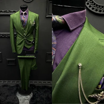 Ярко-зеленые свадебные мужские костюмы, сшитые на заказ, смокинг для жениха, пальто из 3 предметов, брюки и жилет для официальных мероприятий, костюм певца для вечеринок на заказ
